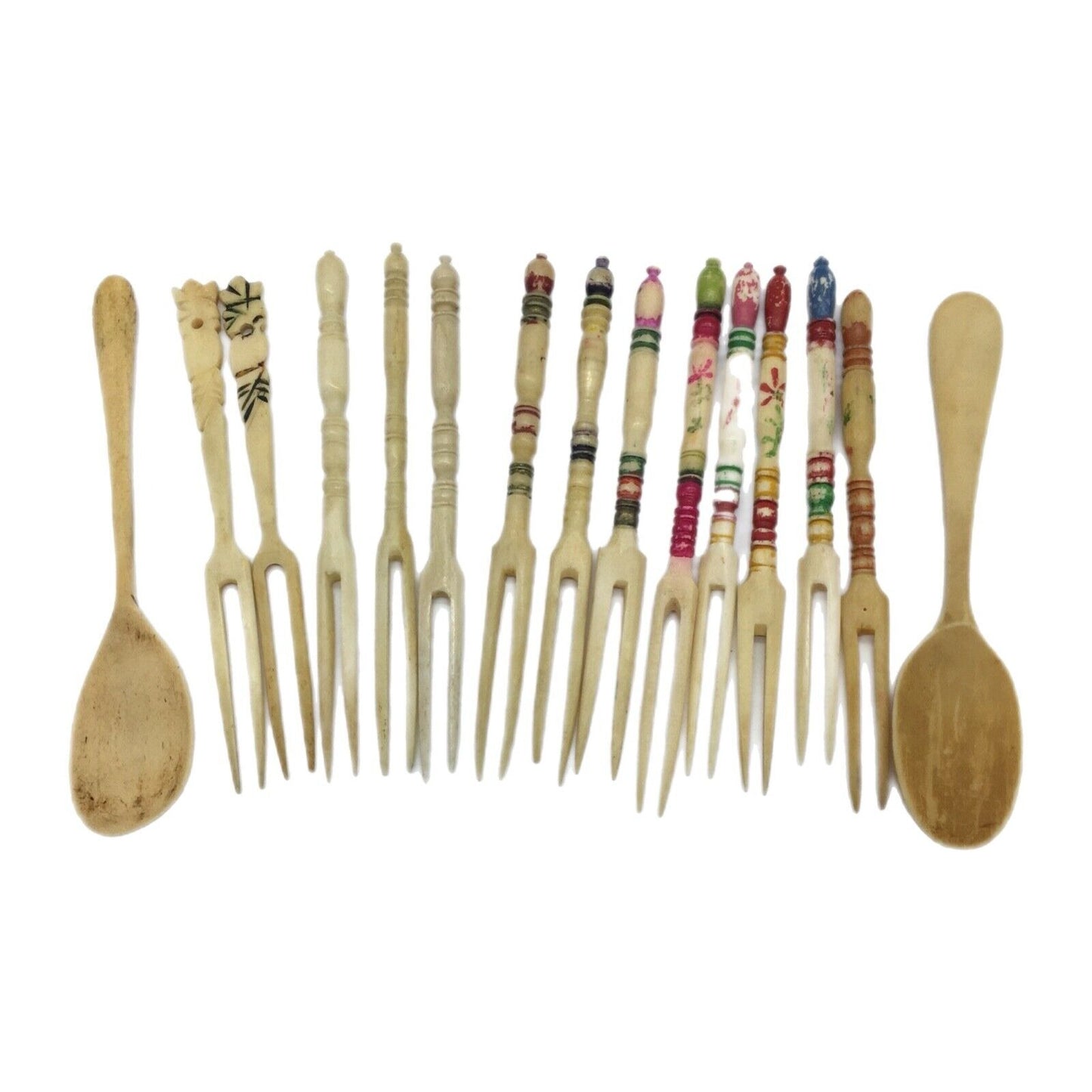 Cocktail Forks Carved Bovine Bone Barware Tiki Bar Variety Lot 13 Forks 2 Spoons
