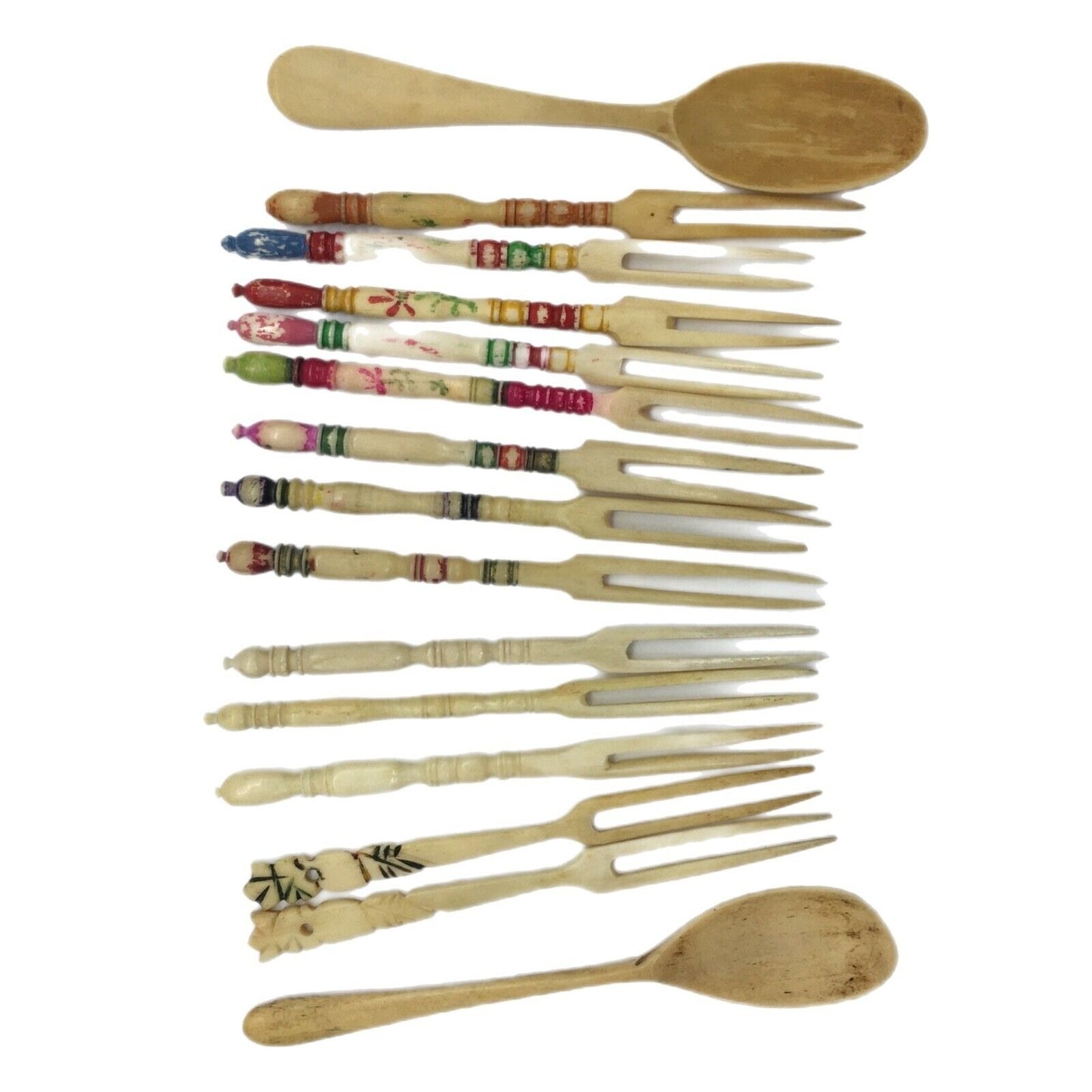 Cocktail Forks Carved Bovine Bone Barware Tiki Bar Variety Lot 13 Forks 2 Spoons