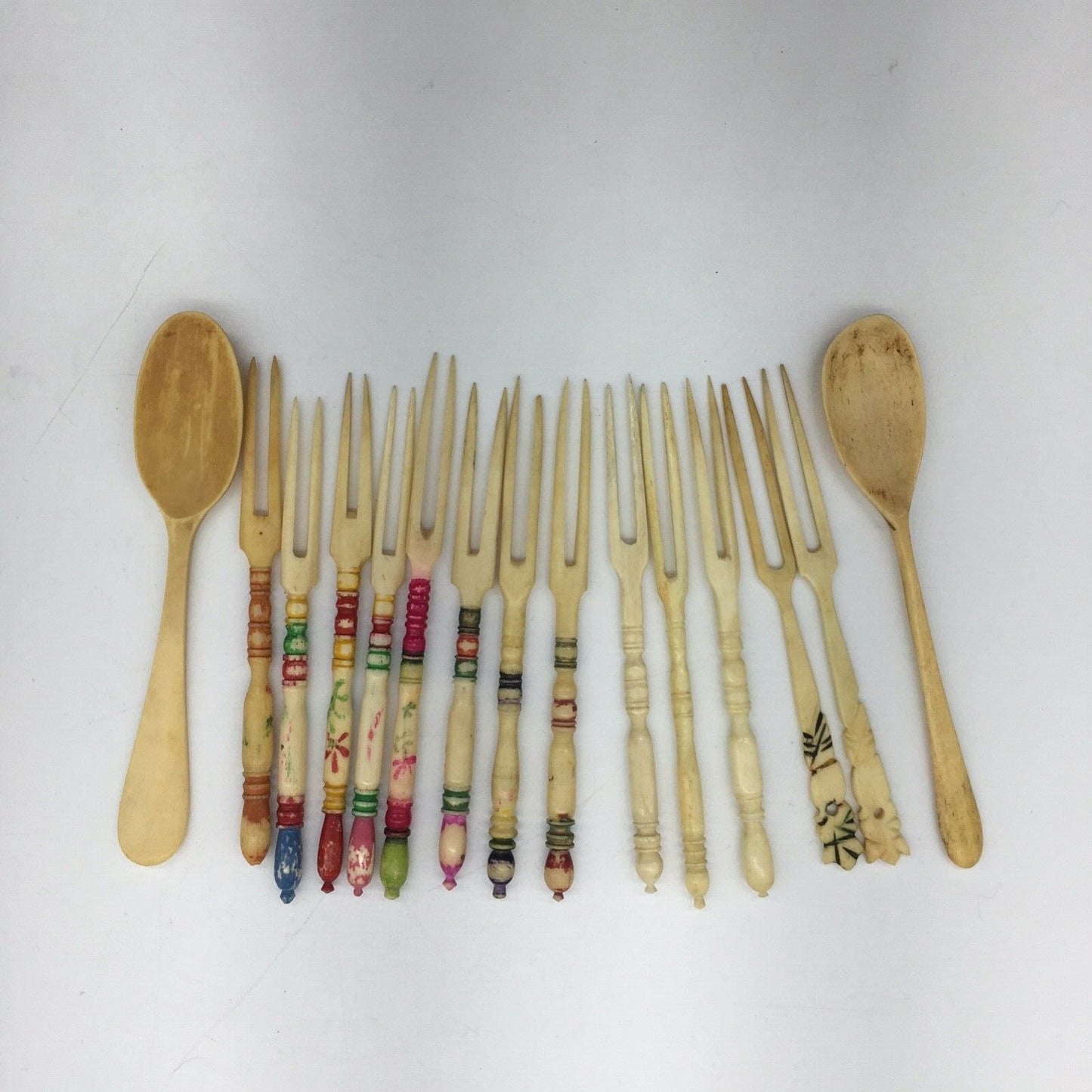 Cocktail Forks Carved Bovine Bone Barware Tiki Bar Variety Lot 13 Forks 2 Spoons