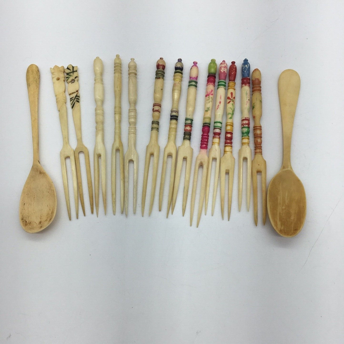 Cocktail Forks Carved Bovine Bone Barware Tiki Bar Variety Lot 13 Forks 2 Spoons