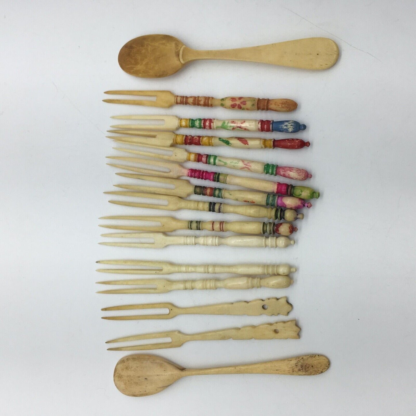 Cocktail Forks Carved Bovine Bone Barware Tiki Bar Variety Lot 13 Forks 2 Spoons