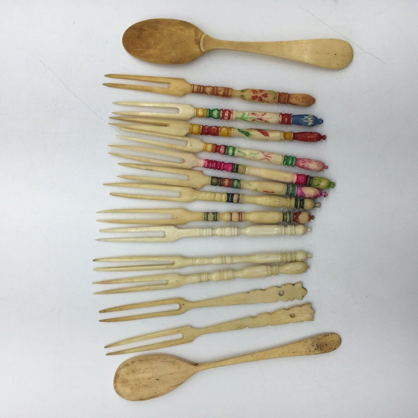 Cocktail Forks Carved Bovine Bone Barware Tiki Bar Variety Lot 13 Forks 2 Spoons
