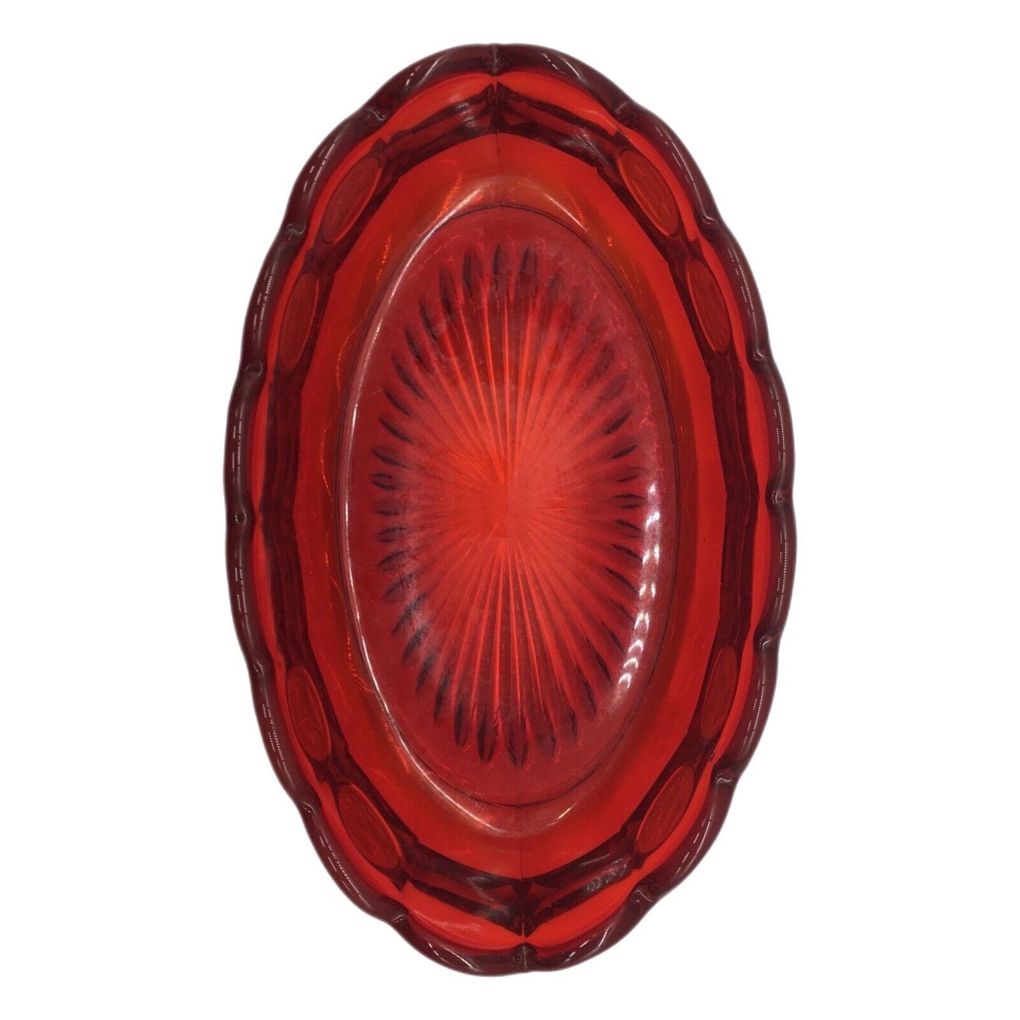 Fostoria Ruby Red Coin Pattern Oval Bowl 9" Frosted Coin Scalloped Rim Starburst Bottom USA