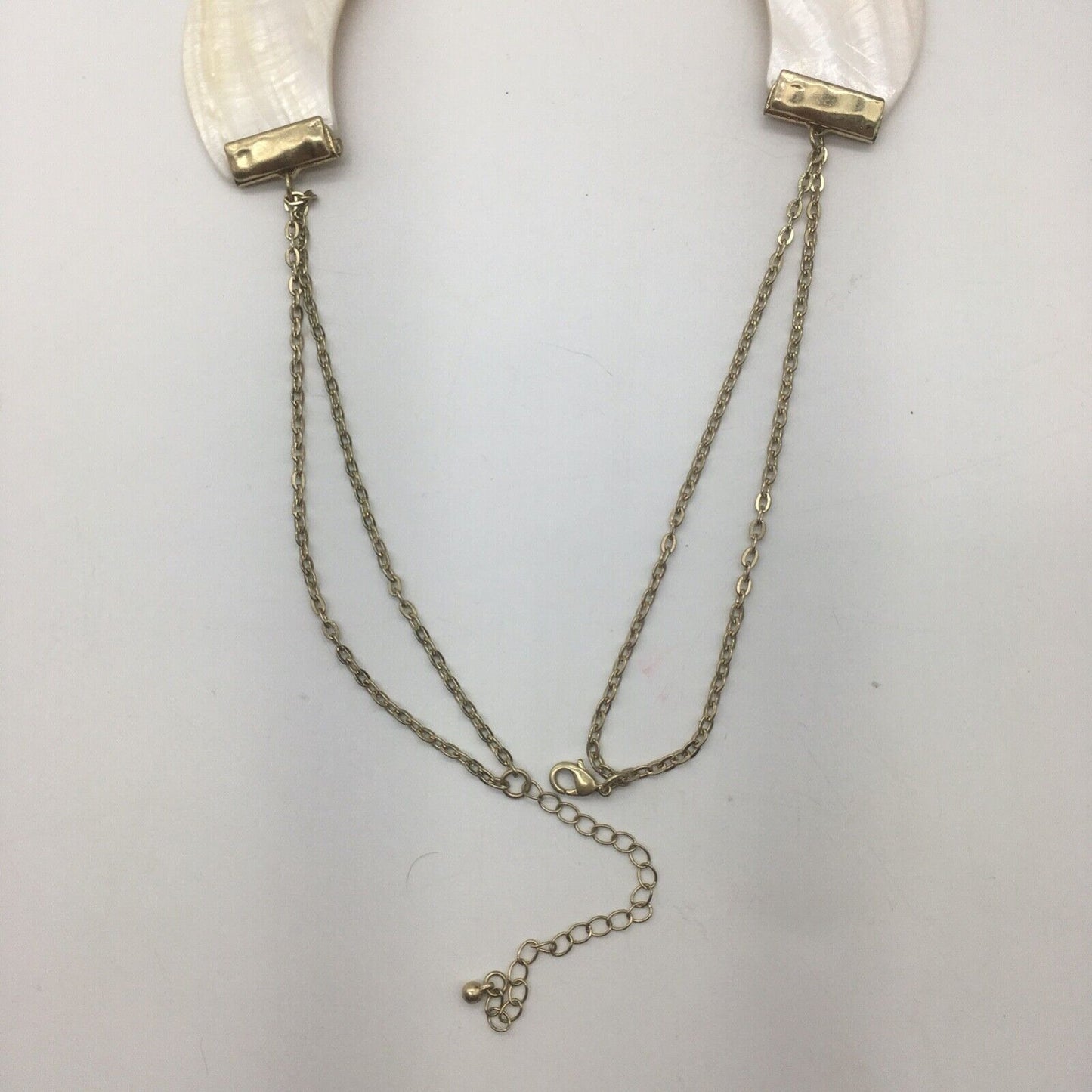 Vintage Shell Statement Necklace Gold Tone Metal Double Chain Lobster Claw Close
