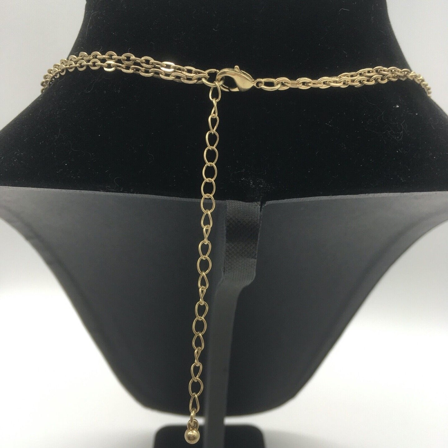 Vintage Shell Statement Necklace Gold Tone Metal Double Chain Lobster Claw Close