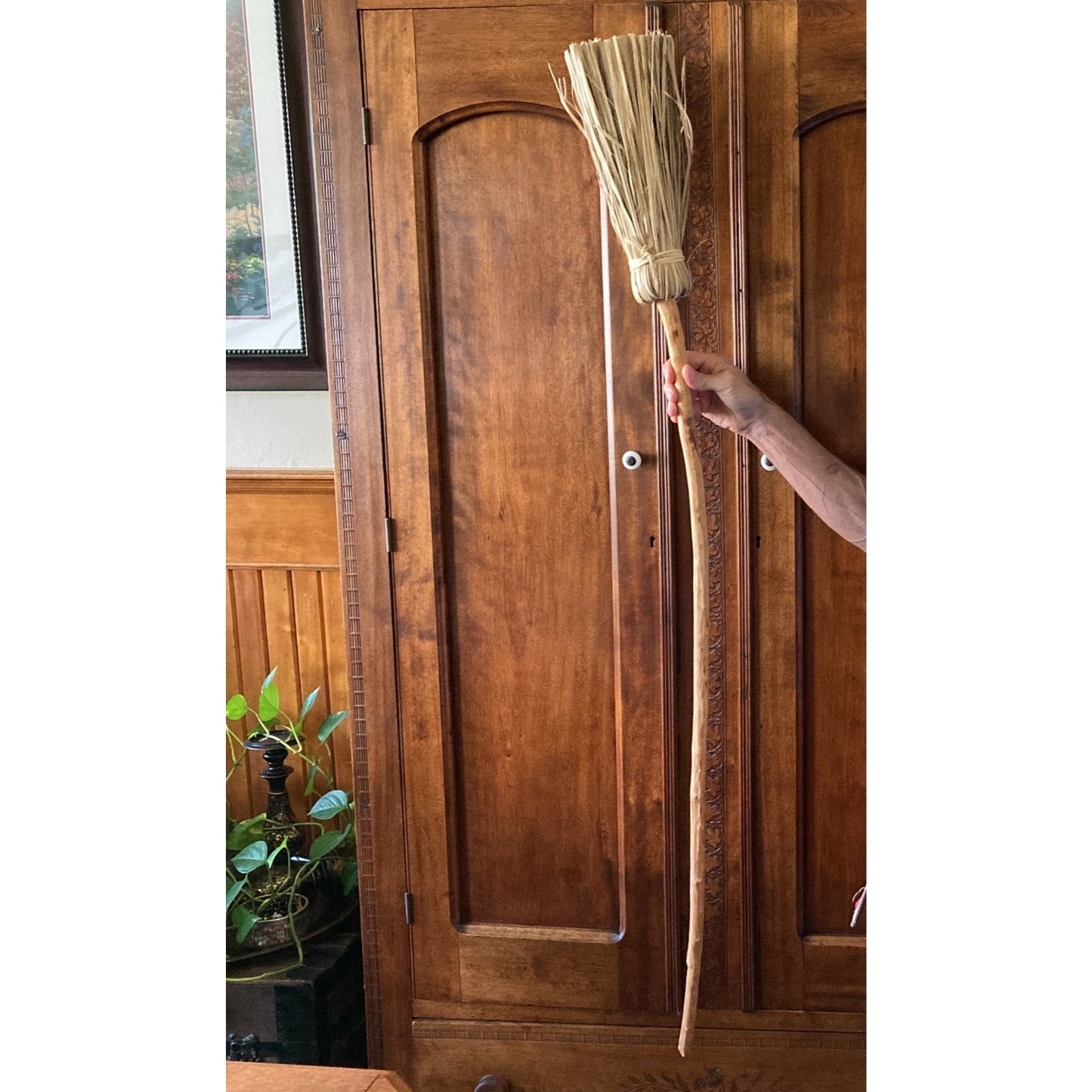 Folk Art Handmade Broom Natural Fiber Bristles Wood Handle Halloween Autumn Home