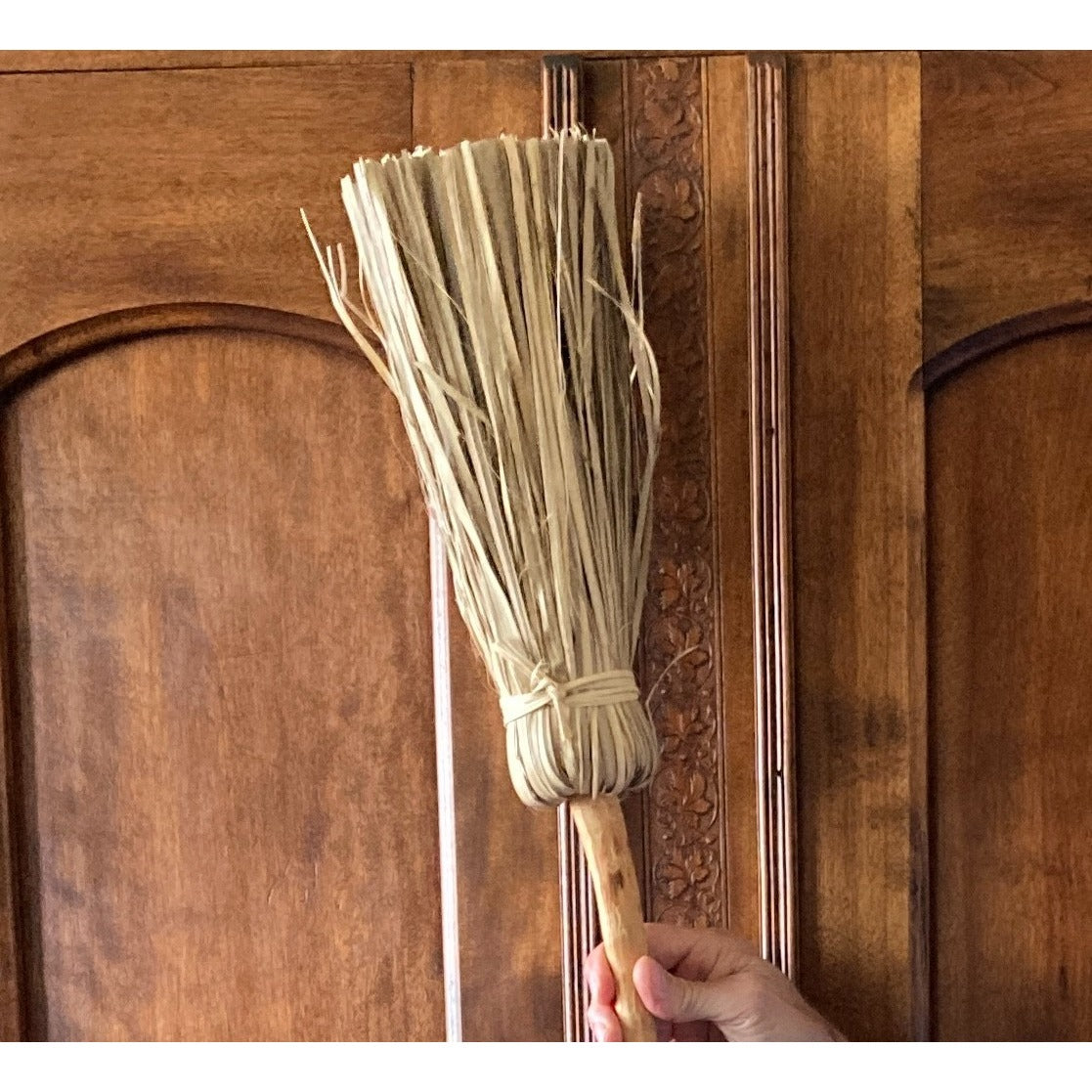 Folk Art Handmade Broom Natural Fiber Bristles Wood Handle Halloween Autumn Home