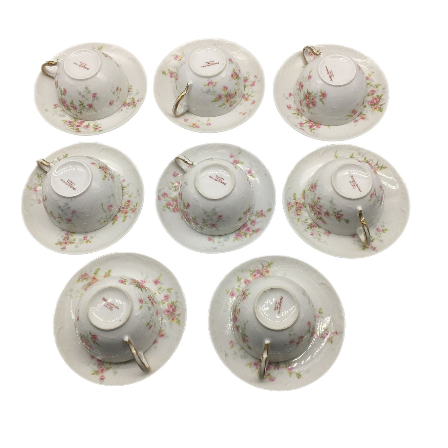 Theodore Haviland Set of 8 Antique Tea Cup and Saucers, Delicate Porcelain Pink Rose Pattern Teacups, Floral Tea Cup and Saucer, Teacups
