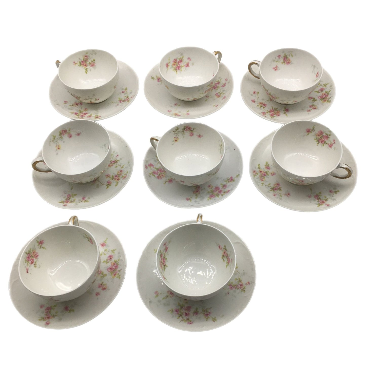 Theodore Haviland Set of 8 Antique Tea Cup and Saucers, Delicate Porcelain Pink Rose Pattern Teacups, Floral Tea Cup and Saucer, Teacups