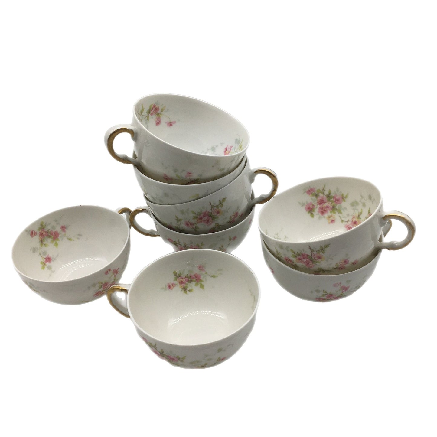 Theodore Haviland Set of 8 Antique Tea Cup and Saucers, Delicate Porcelain Pink Rose Pattern Teacups, Floral Tea Cup and Saucer, Teacups