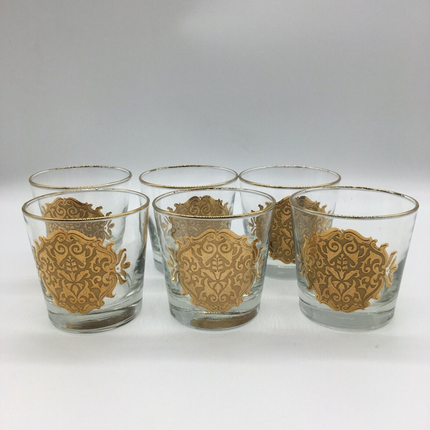 Libbey Barware Cocktail Glass Set of 6 Gold Medallion Trim Opera Lowball MCM VTG