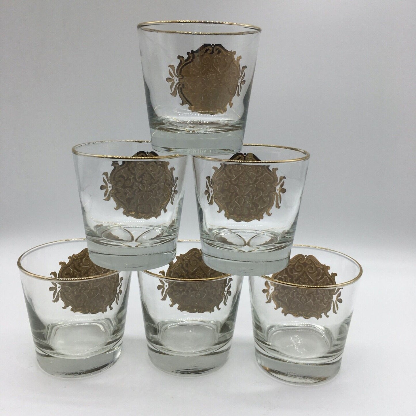 Libbey Barware Cocktail Glass Set of 6 Gold Medallion Trim Opera Lowball MCM VTG