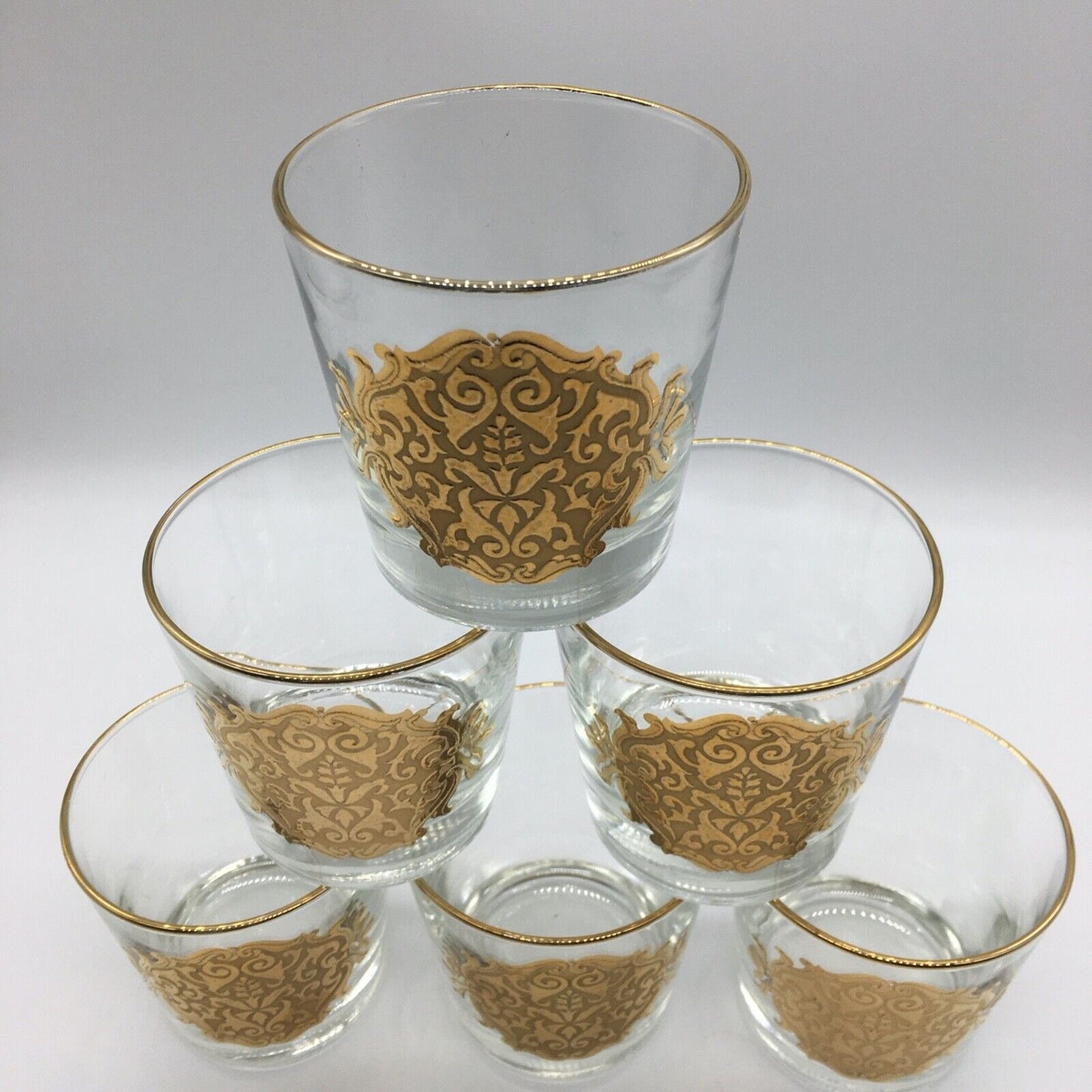 Libbey Barware Cocktail Glass Set of 6 Gold Medallion Trim Opera Lowball MCM VTG