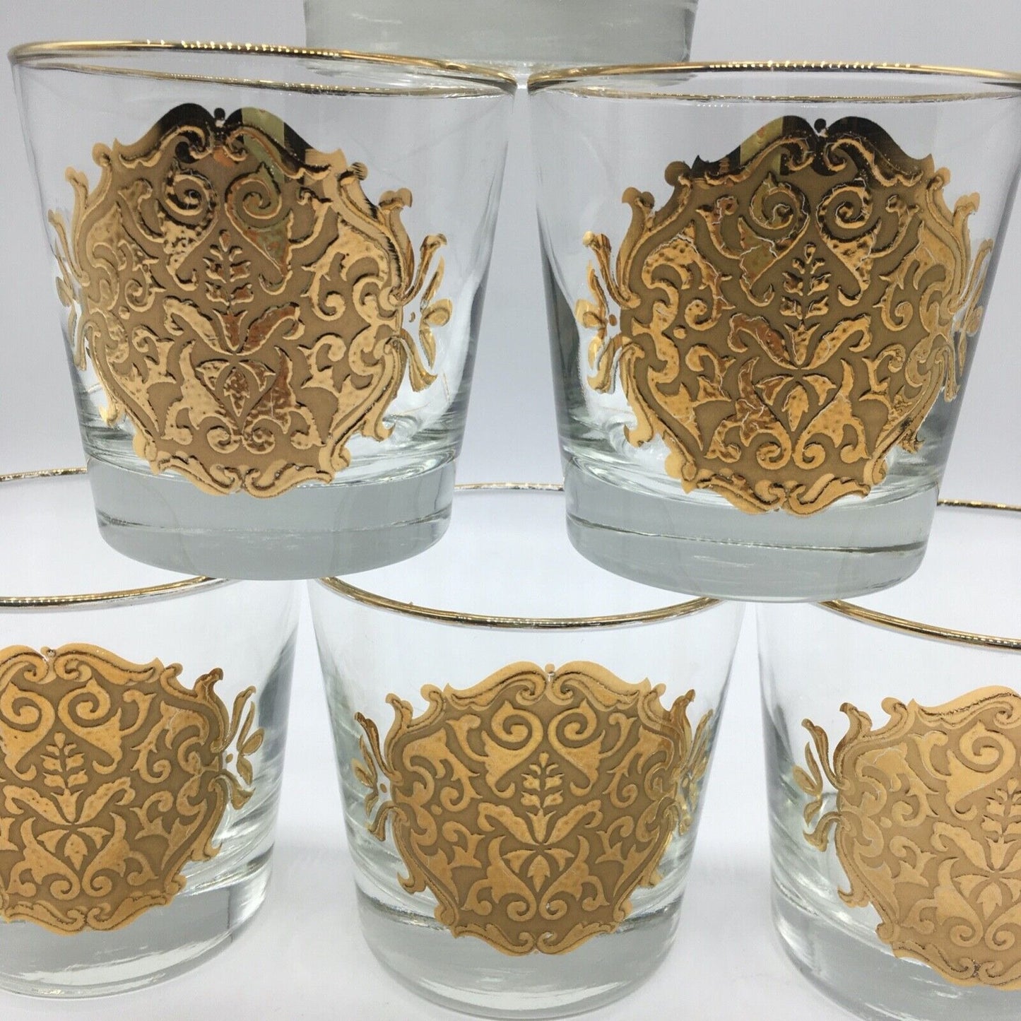 Libbey Barware Cocktail Glass Set of 6 Gold Medallion Trim Opera Lowball MCM VTG