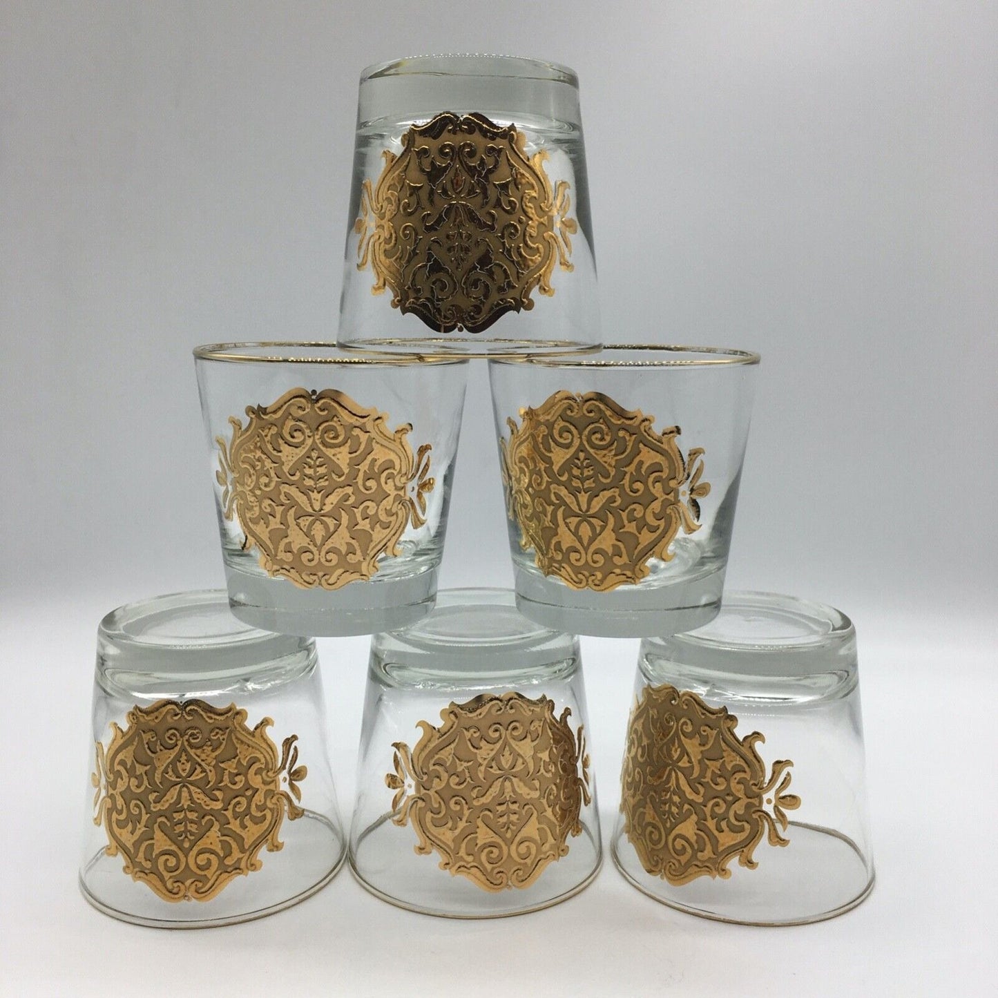 Libbey Barware Cocktail Glass Set of 6 Gold Medallion Trim Opera Lowball MCM VTG