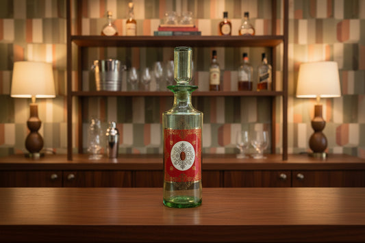 A vintage Italian green glass decanter with red and gold design, featuring an original stopper.