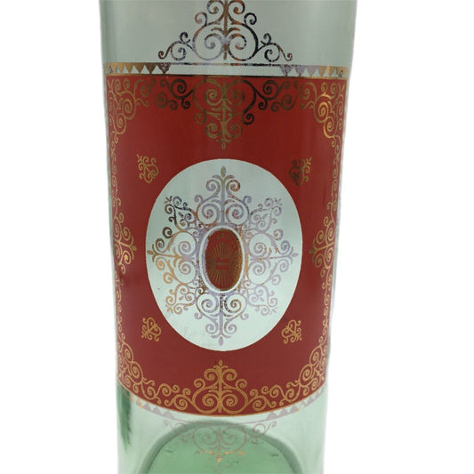 Barware Italian Green Glass Decanter Original Cork Stopper Red Gold 1960 Vintage