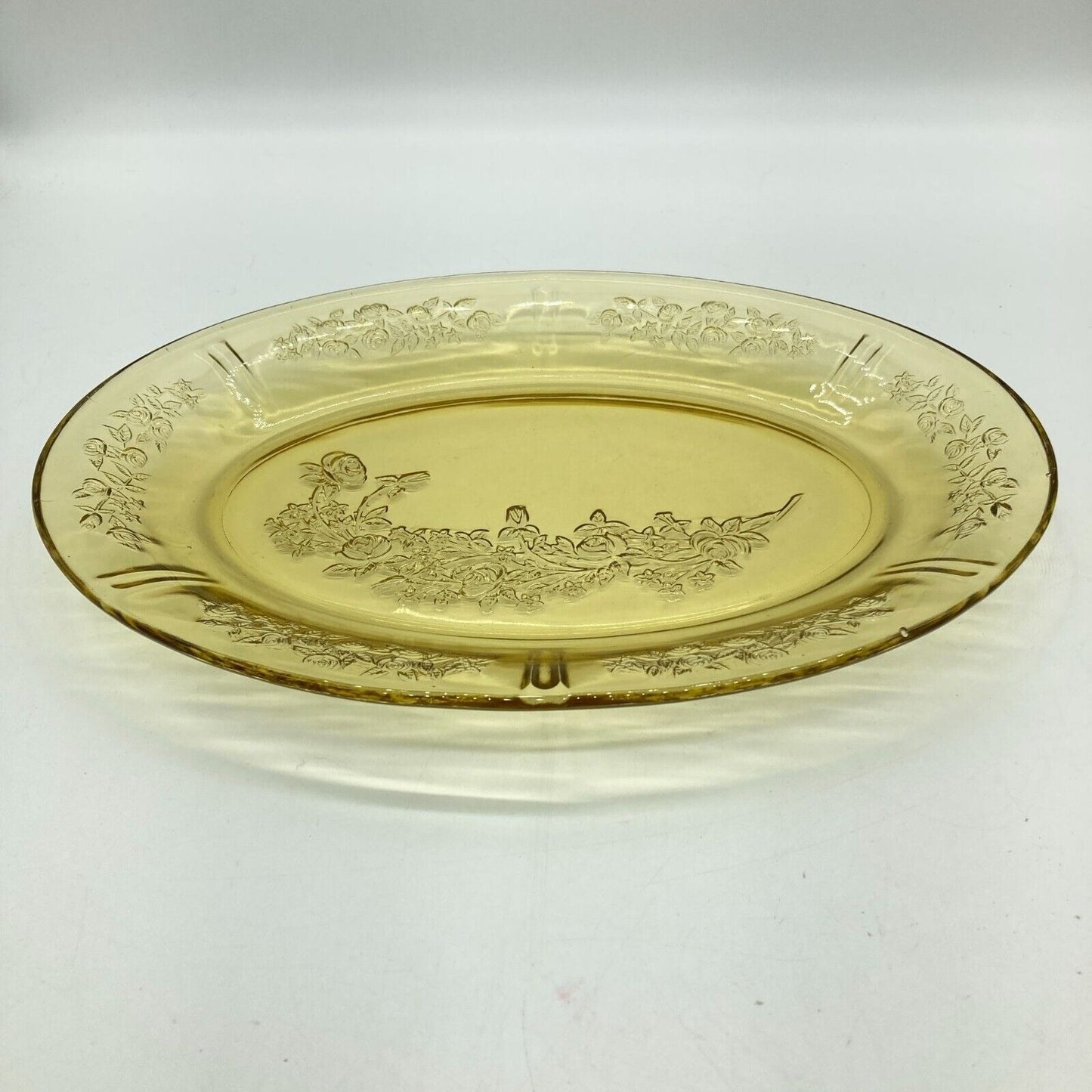 Vintage Federal Glass 13" Yellow Oval Platter With Floral Depression Glass