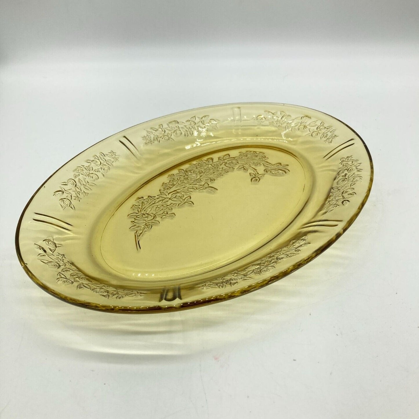 Vintage Federal Glass 13" Yellow Oval Platter With Floral Depression Glass