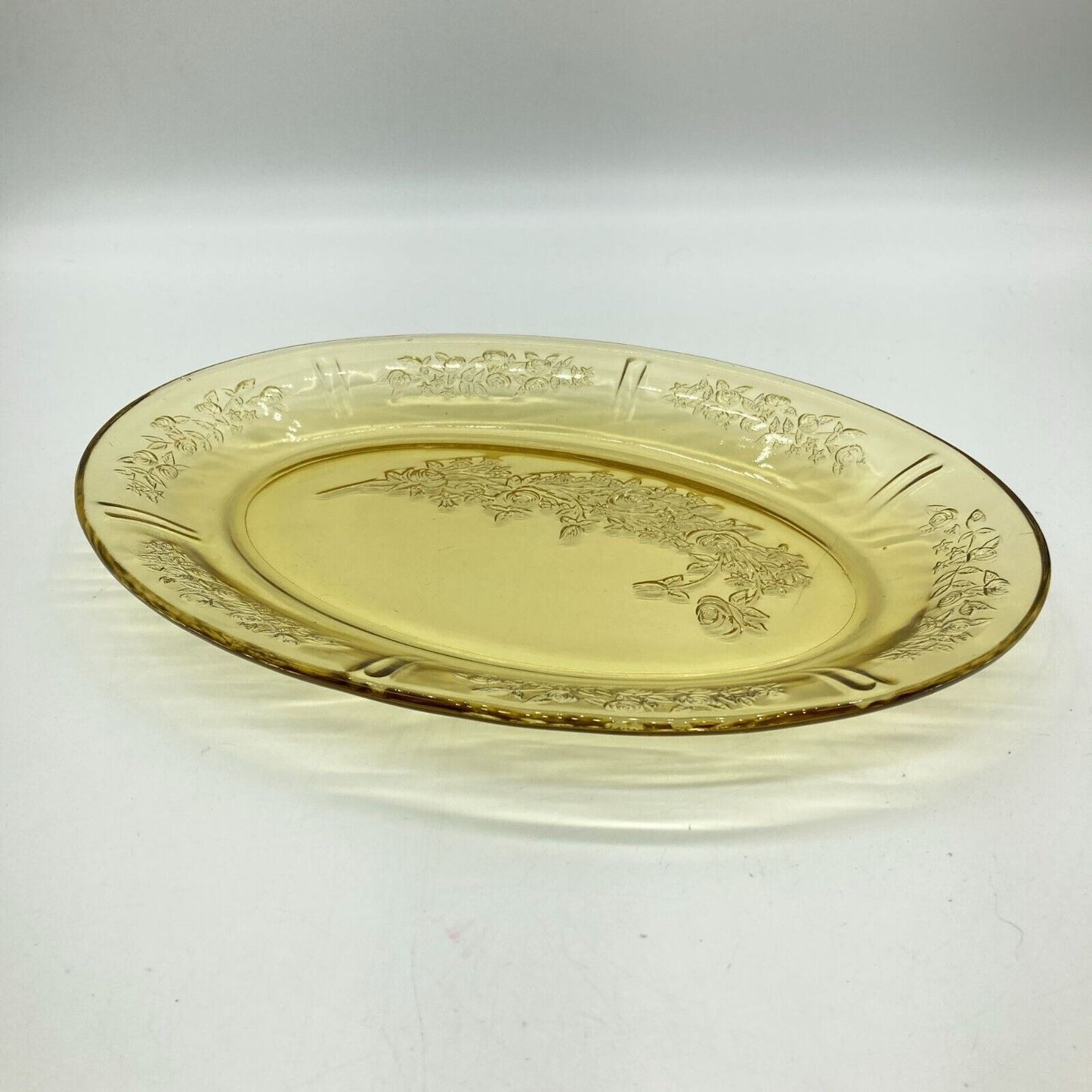 Vintage Federal Glass 13" Yellow Oval Platter With Floral Depression Glass