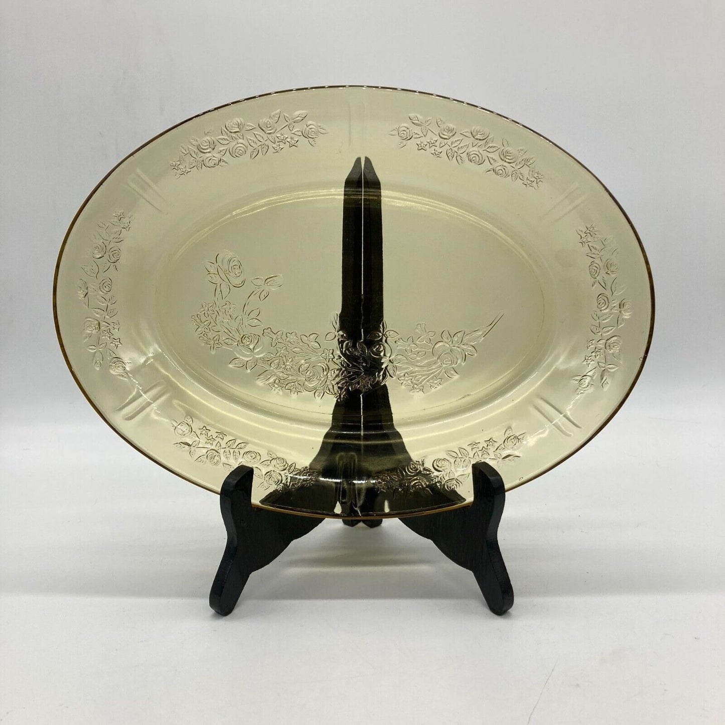 Vintage Federal Glass 13" Yellow Oval Platter With Floral Depression Glass