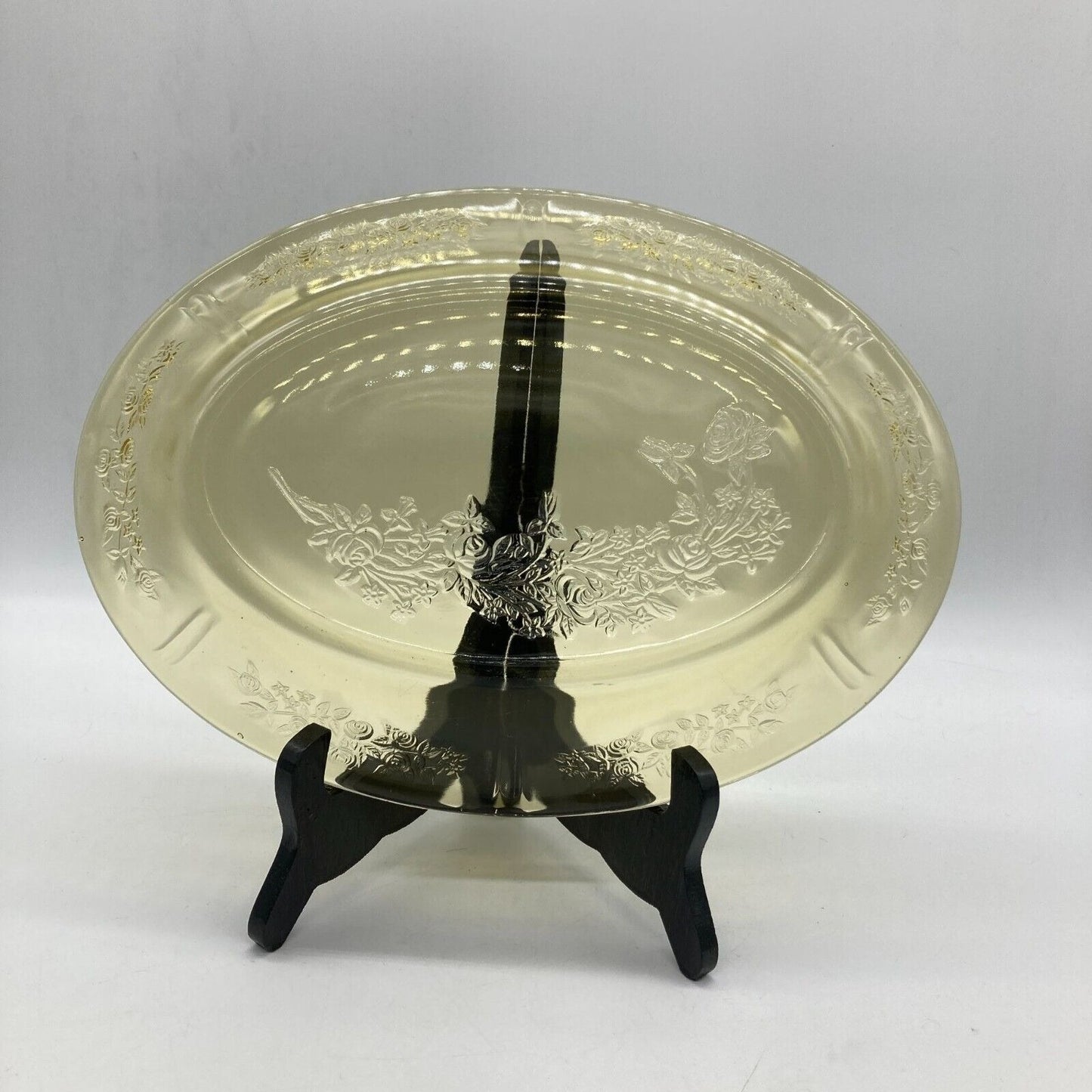 Vintage Federal Glass 13" Yellow Oval Platter With Floral Depression Glass