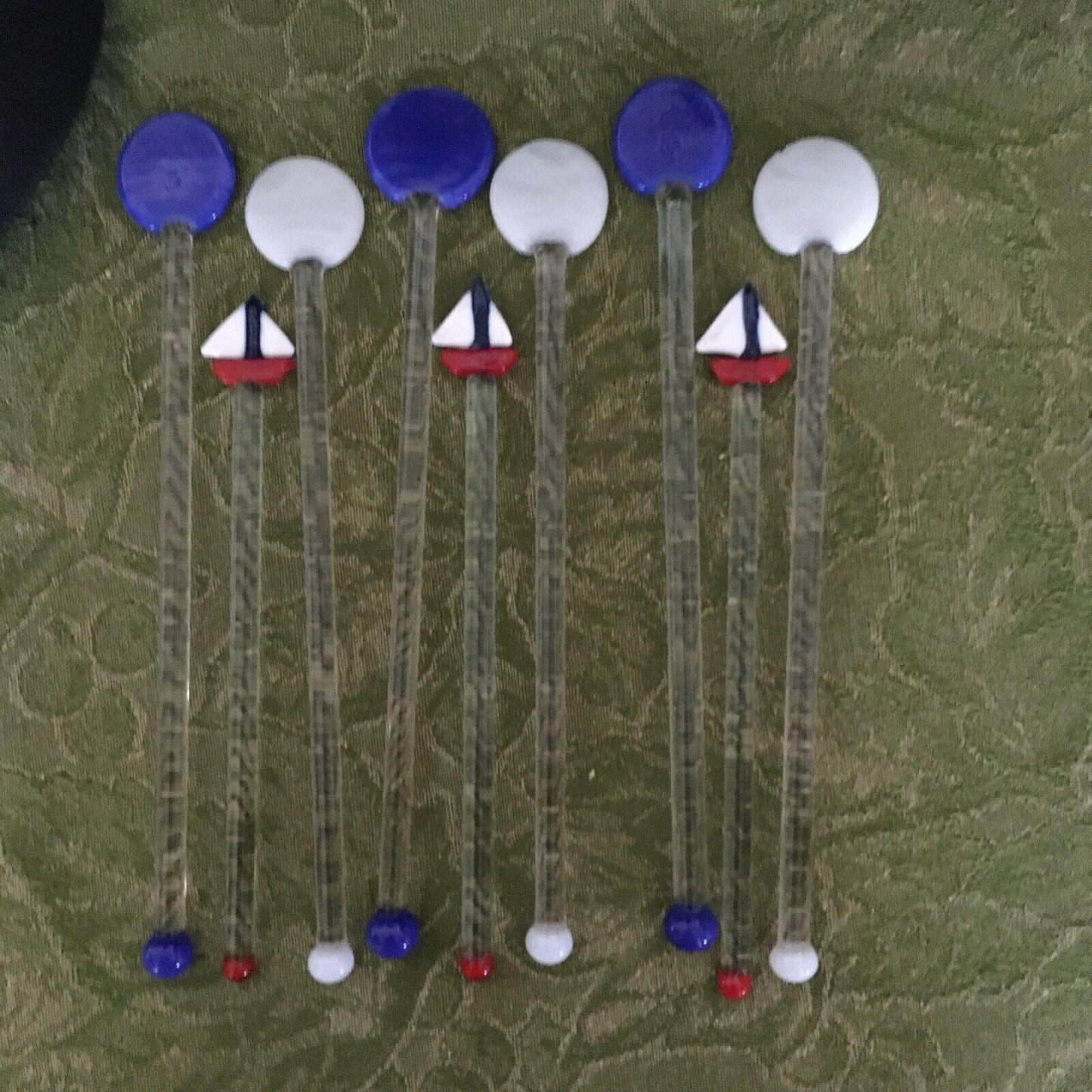 Vintage Barware Art Glass Stir Stick Lot 9 Sailboats Summer Beach Pool Boating