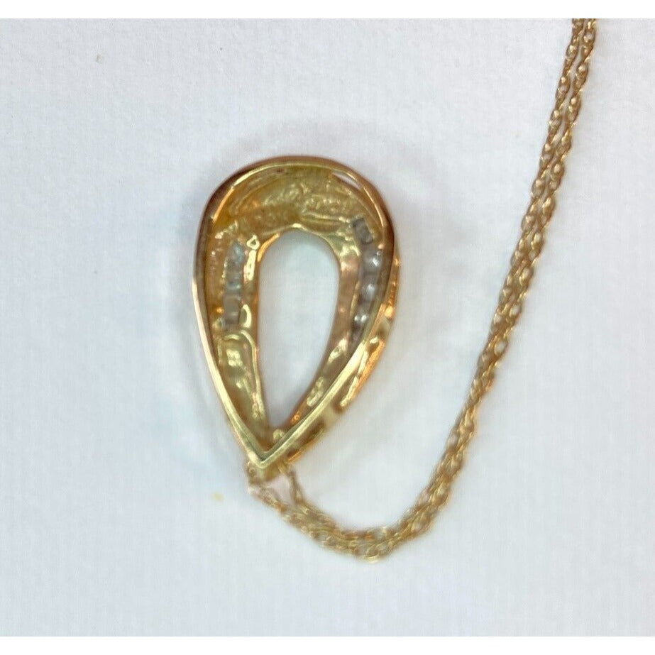 Diamond Necklace Tear Drop Pendant Stamped JMC 10K Yellow Gold on 10K Chain VTG