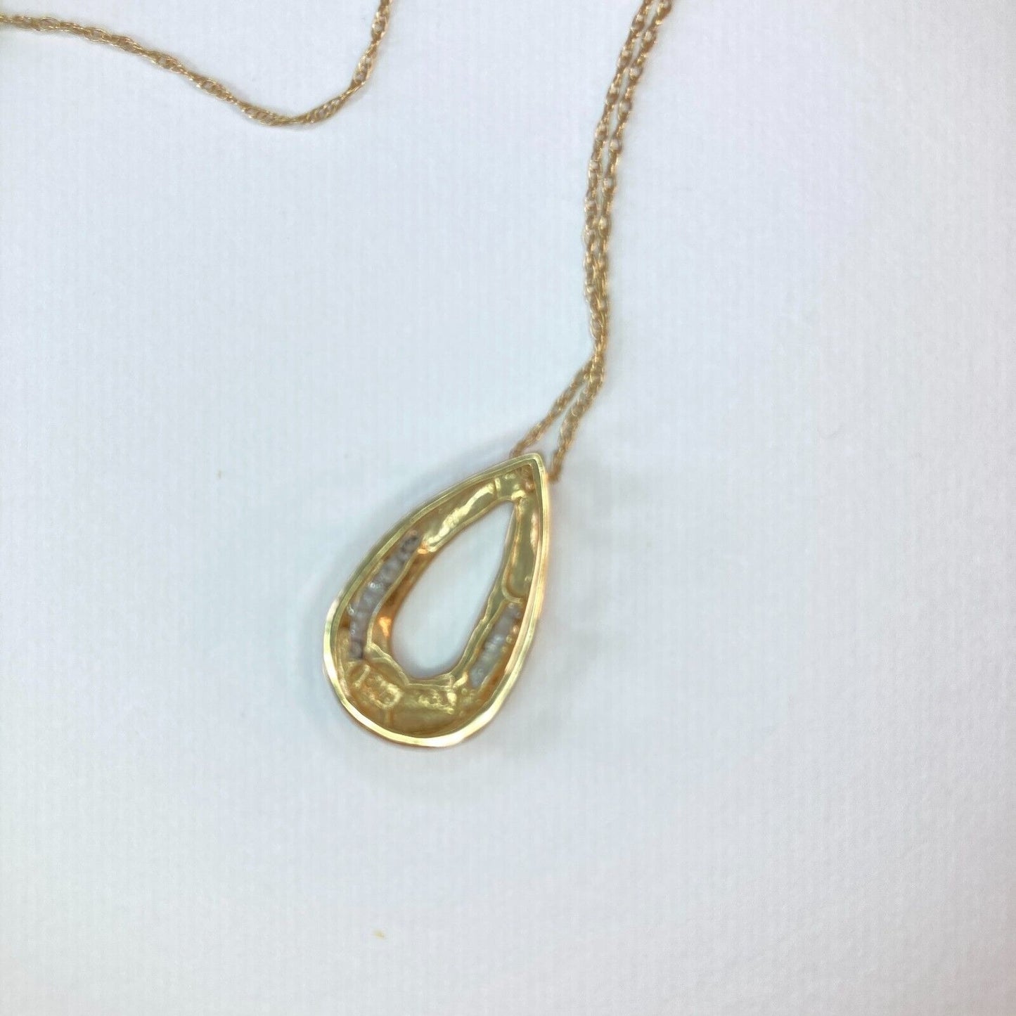Diamond Necklace Tear Drop Pendant Stamped JMC 10K Yellow Gold on 10K Chain VTG