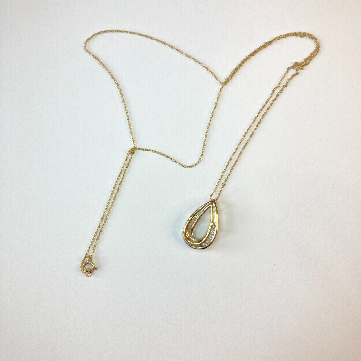 Diamond Necklace Tear Drop Pendant Stamped JMC 10K Yellow Gold on 10K Chain VTG