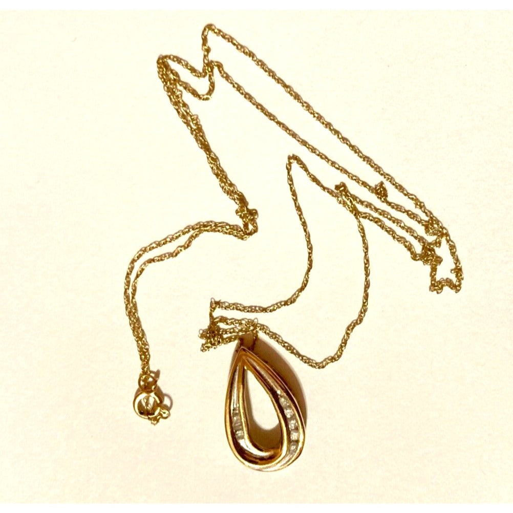 Diamond Necklace Tear Drop Pendant Stamped JMC 10K Yellow Gold on 10K Chain VTG
