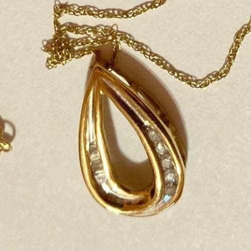 Diamond Necklace Tear Drop Pendant Stamped JMC 10K Yellow Gold on 10K Chain VTG