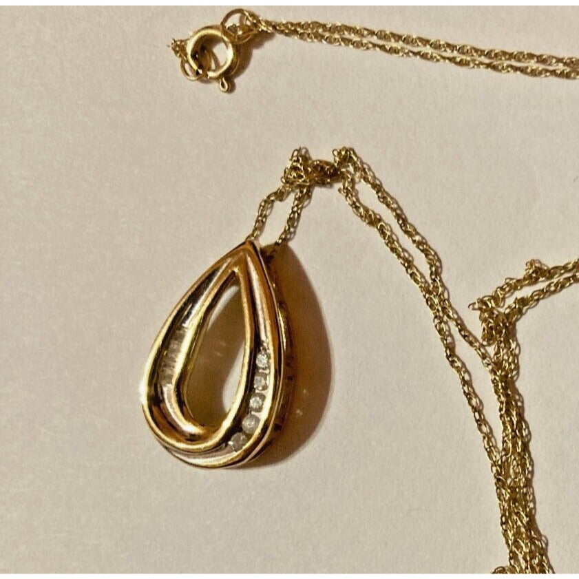 Diamond Necklace Tear Drop Pendant Stamped JMC 10K Yellow Gold on 10K Chain VTG