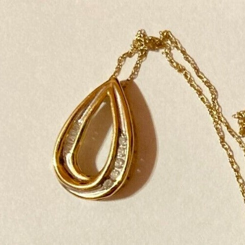 Diamond Necklace Tear Drop Pendant Stamped JMC 10K Yellow Gold on 10K Chain VTG