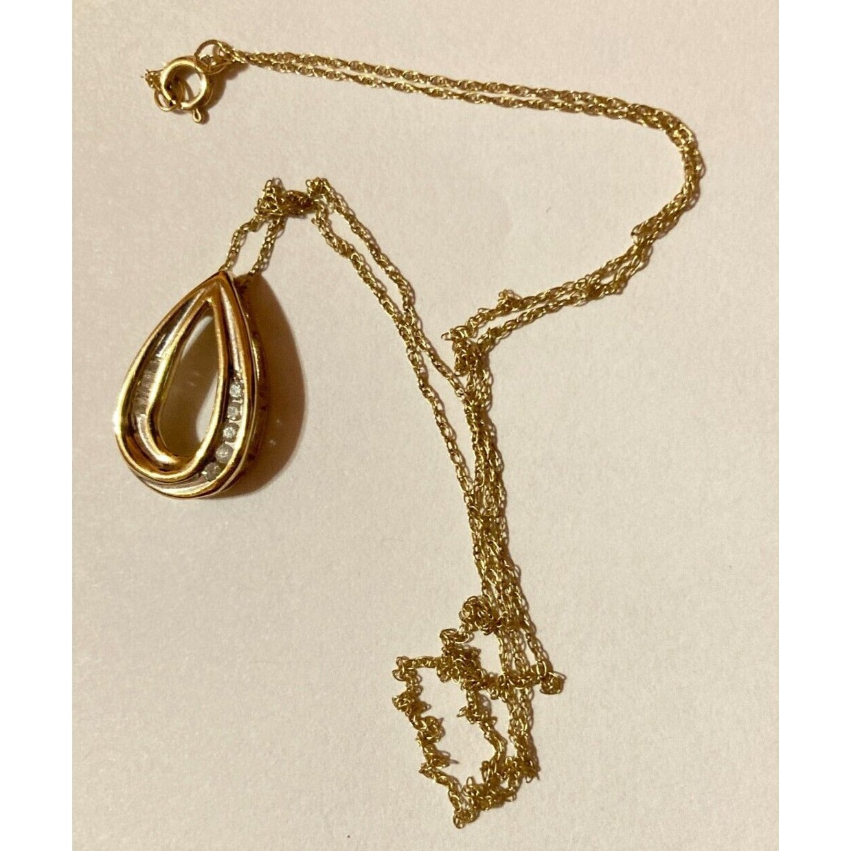 Diamond Necklace Tear Drop Pendant Stamped JMC 10K Yellow Gold on 10K Chain VTG