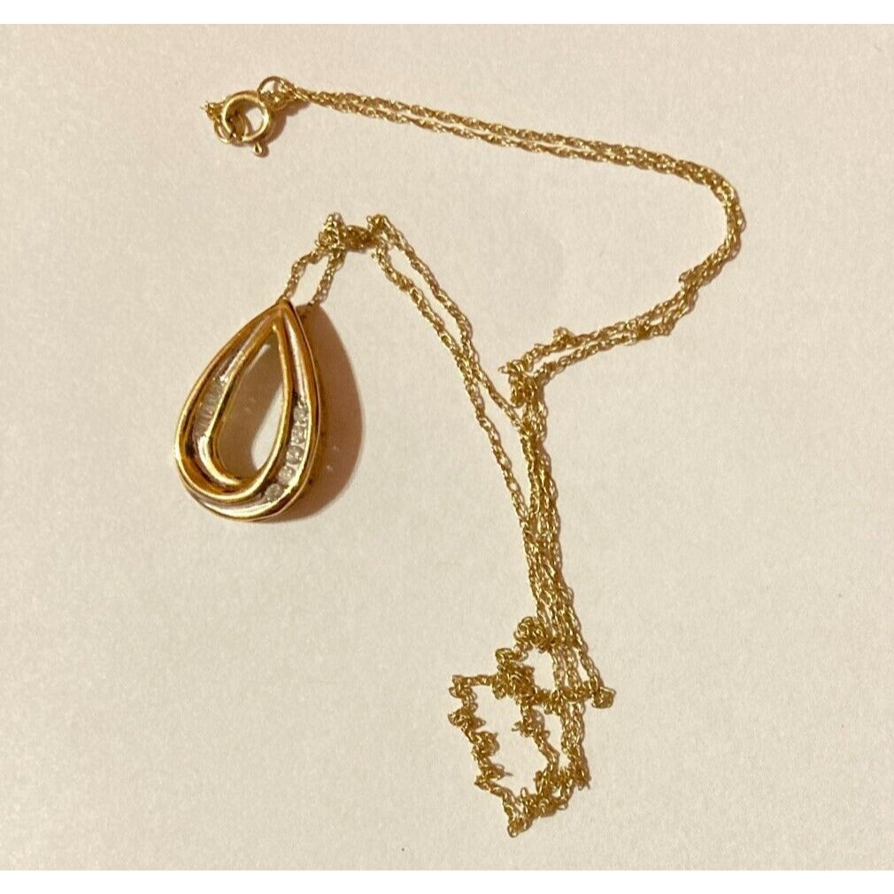 Diamond Necklace Tear Drop Pendant Stamped JMC 10K Yellow Gold on 10K Chain VTG