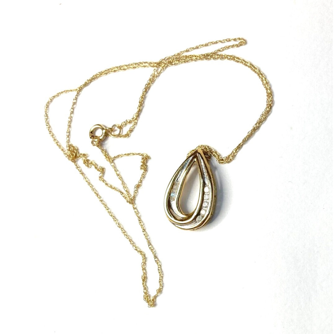 Diamond Necklace Tear Drop Pendant Stamped JMC 10K Yellow Gold on 10K Chain VTG