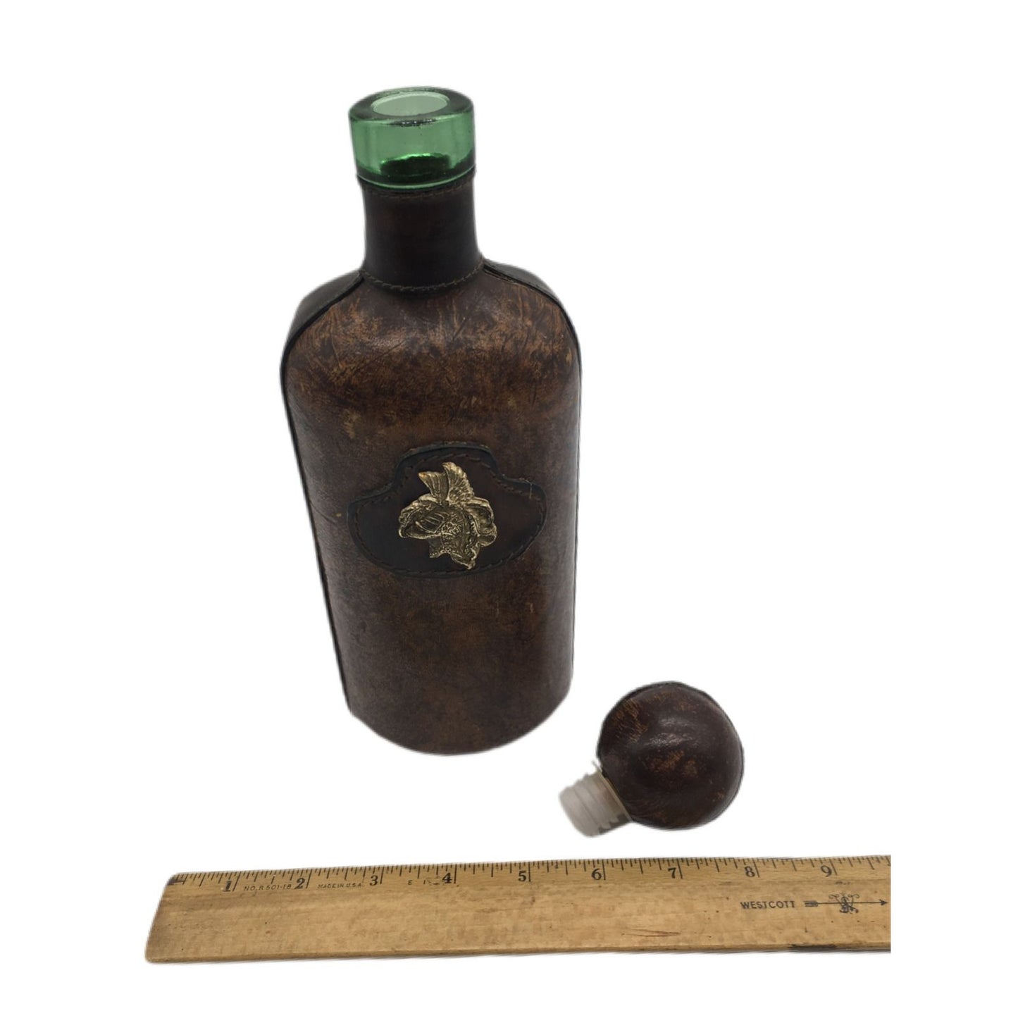 Decanter Italian Leather Wrap Green Glass Bottle Roman Helmet Emblem Italy VTG