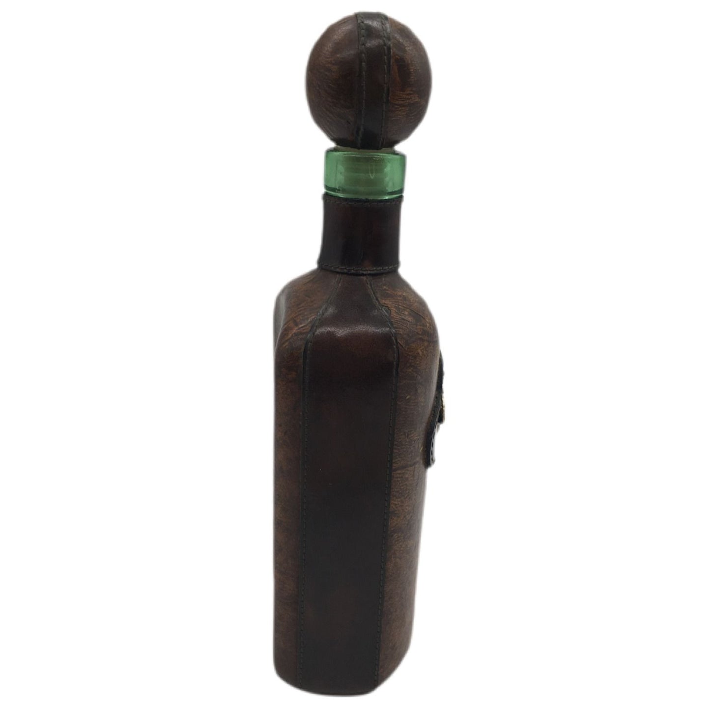 Decanter Italian Leather Wrap Green Glass Bottle Roman Helmet Emblem Italy VTG