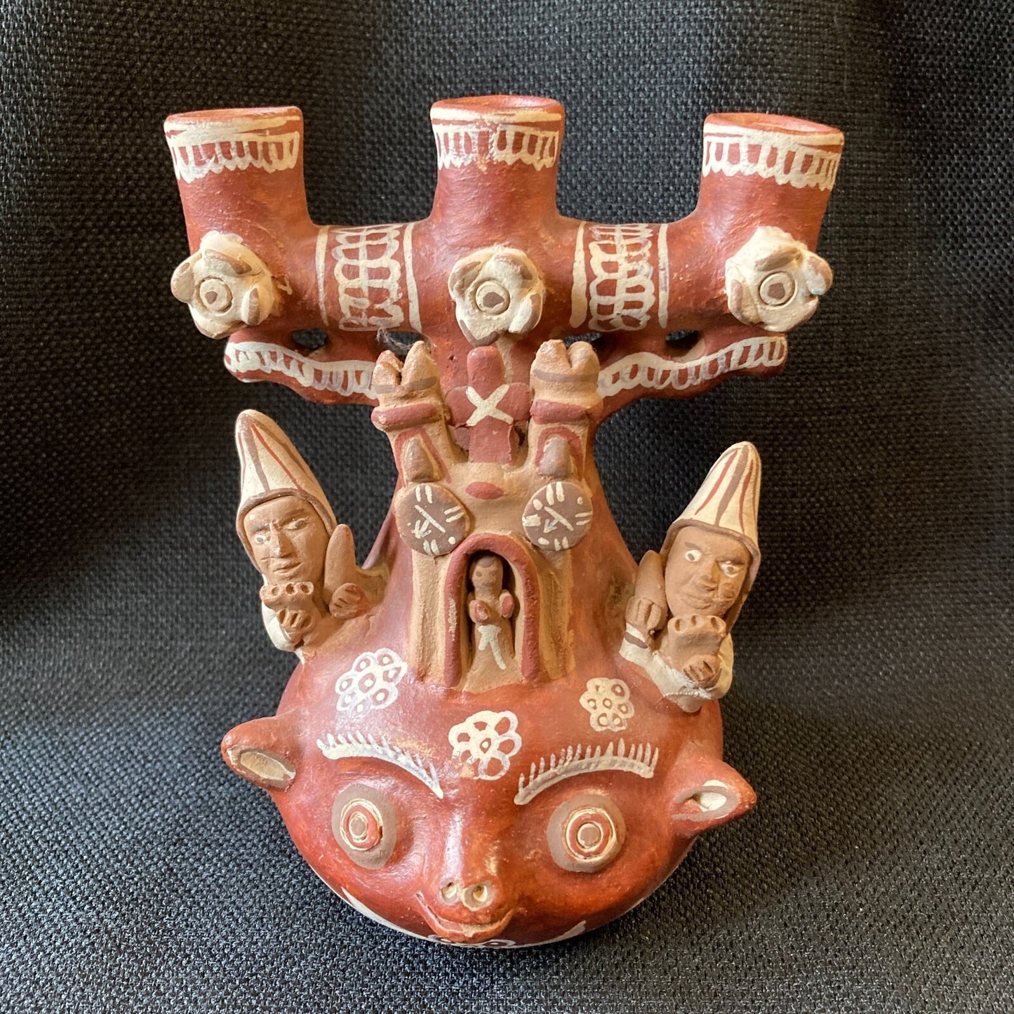 Vintage Peruvian Folk Art Candelabra Traditional Terracotta Pottery Deity Temple