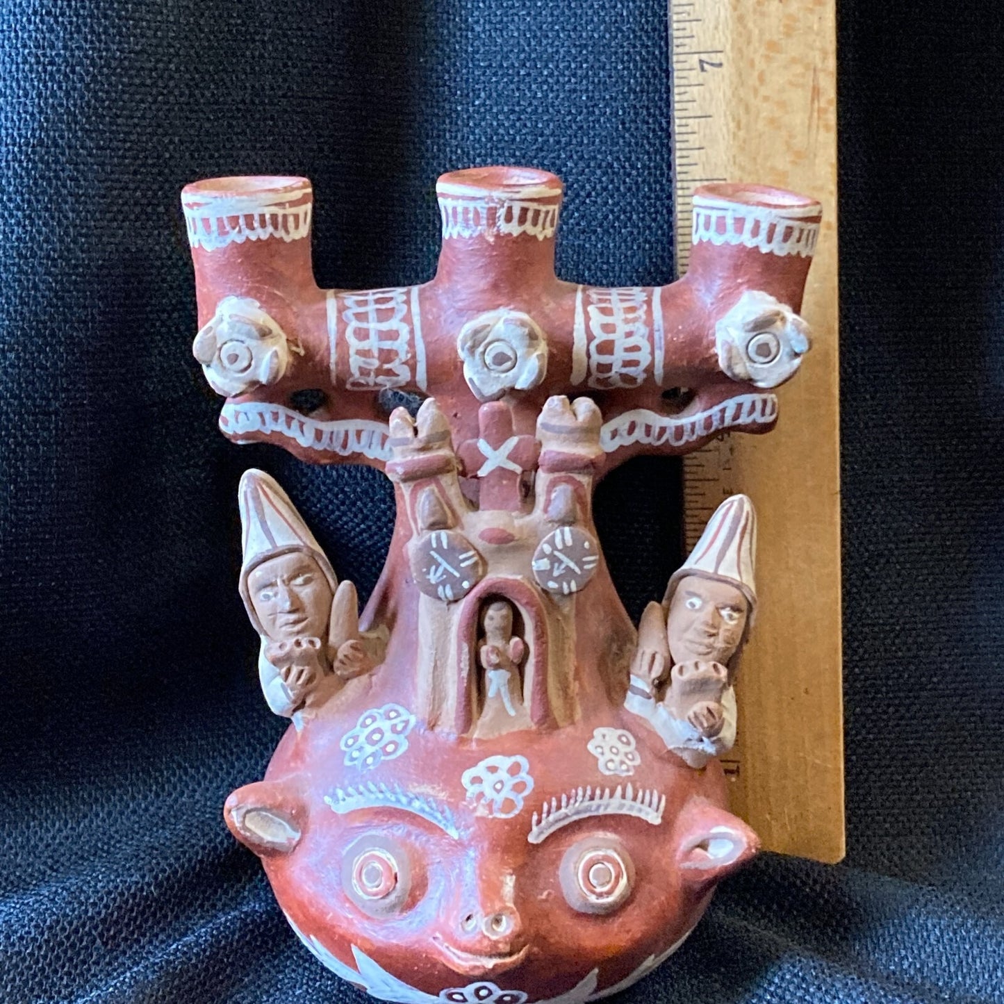 Vintage Peruvian Folk Art Candelabra Traditional Terracotta Pottery Deity Temple