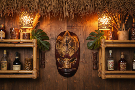Hand-carved wooden sea turtle mask with a glossy finish, featuring tiki-style design details, intended for wall art decoration.