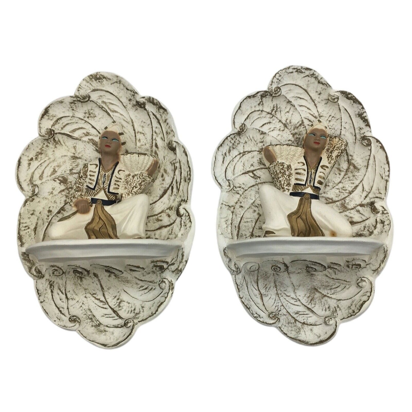 Chalk Ware Exotic Style Plaques Shell Shelves 4 Piece Set Ivory Hand Painted Gold Accent 1956