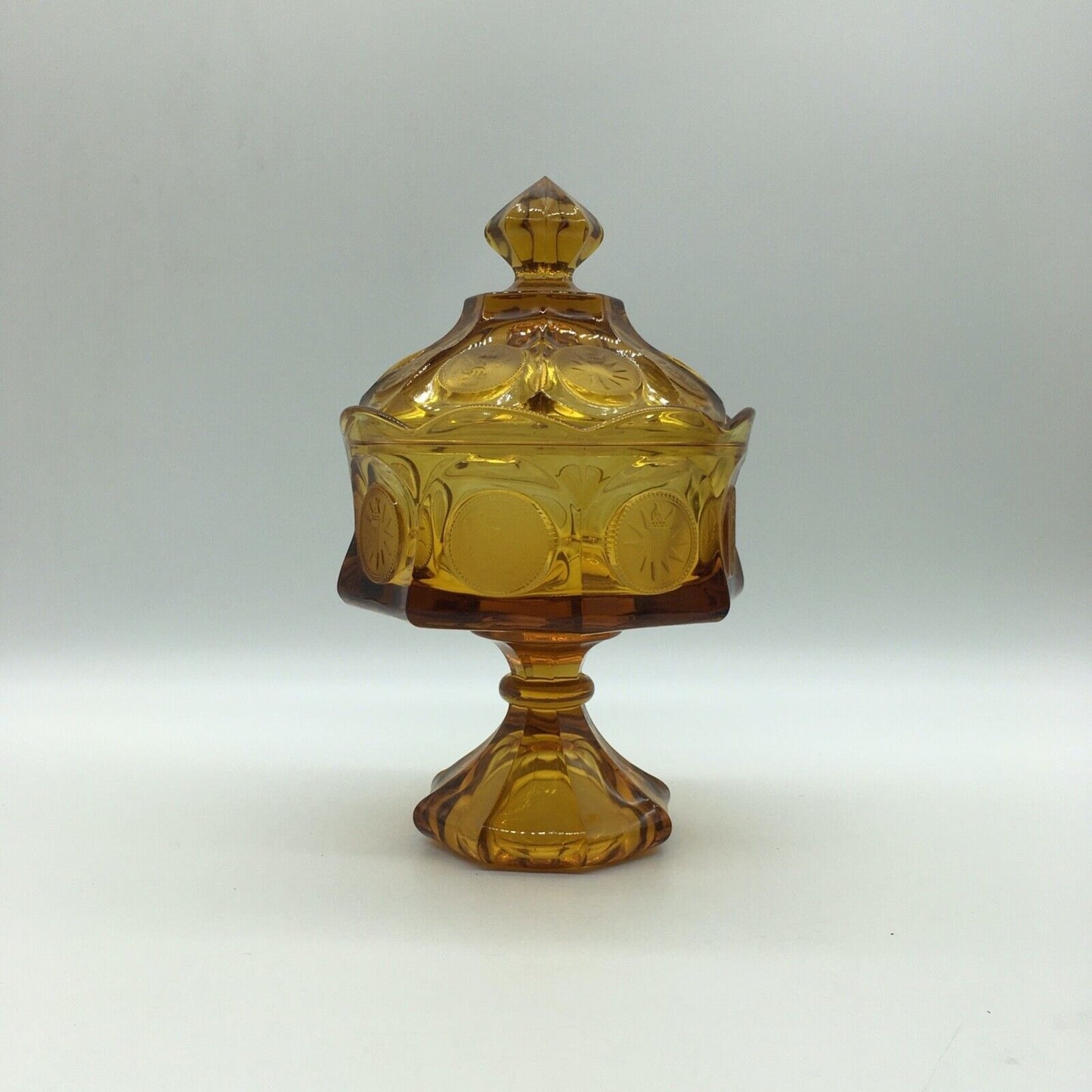 Fostoria Coin Pedestal Candy Dish Lid Golden Honey Amber Vintage Eagle Torch
