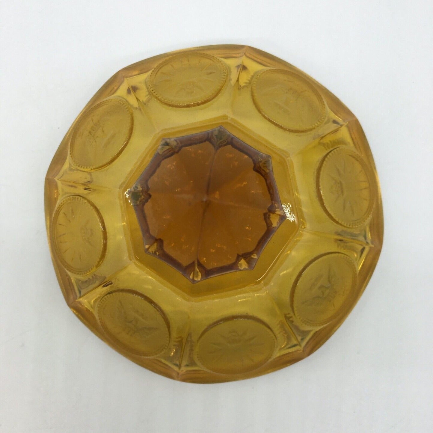 Fostoria Coin Pedestal Candy Dish Lid Golden Honey Amber Vintage Eagle Torch
