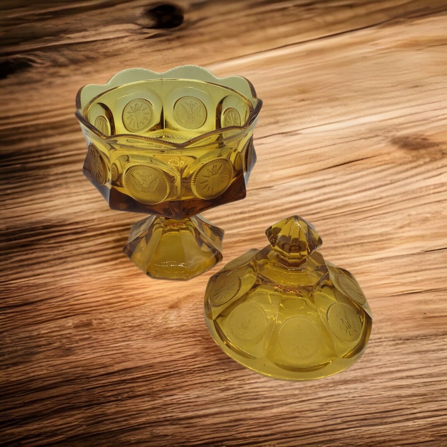 Fostoria Coin Pedestal Candy Dish Lid Golden Honey Amber Vintage Eagle Torch