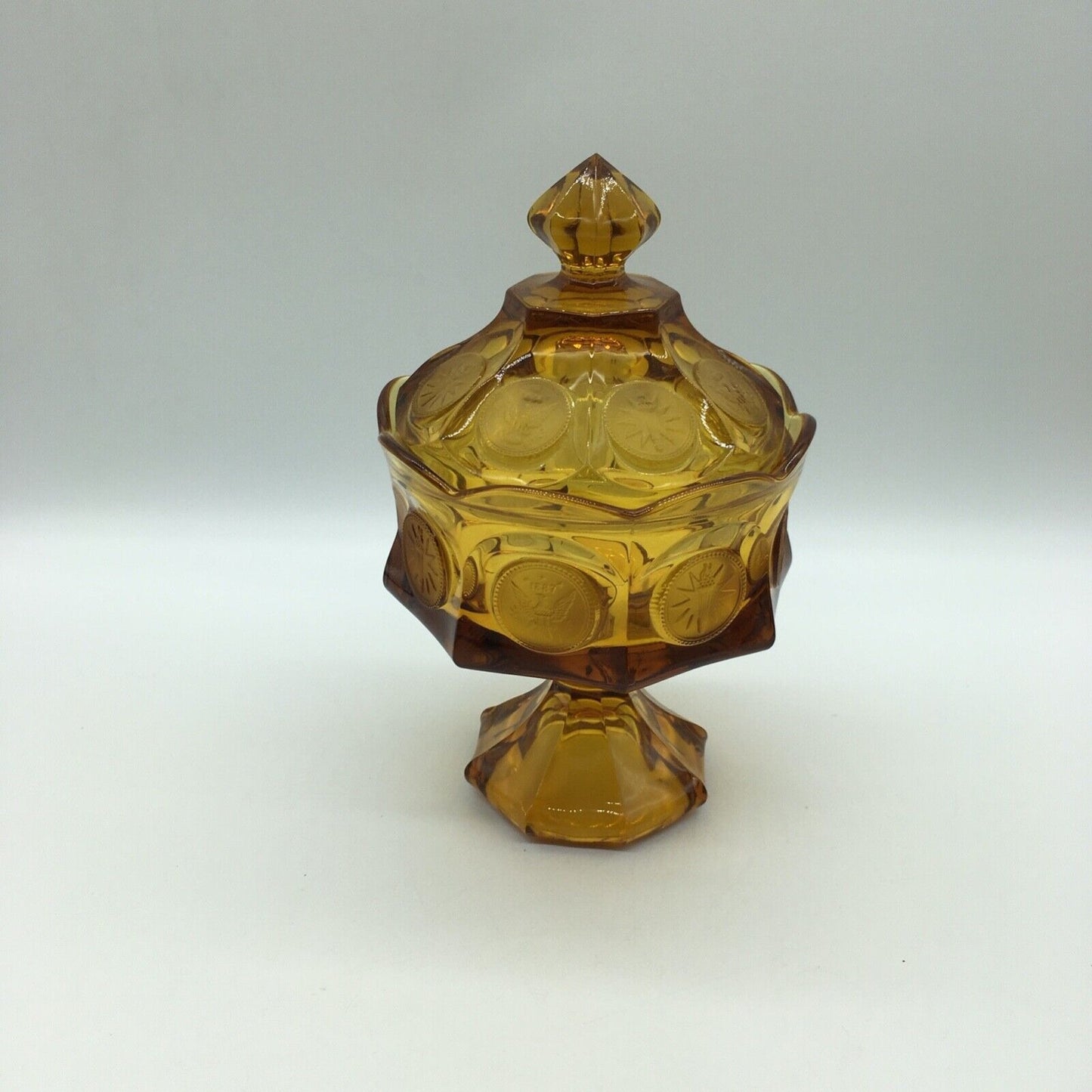 Fostoria Coin Pedestal Candy Dish Lid Golden Honey Amber Vintage Eagle Torch
