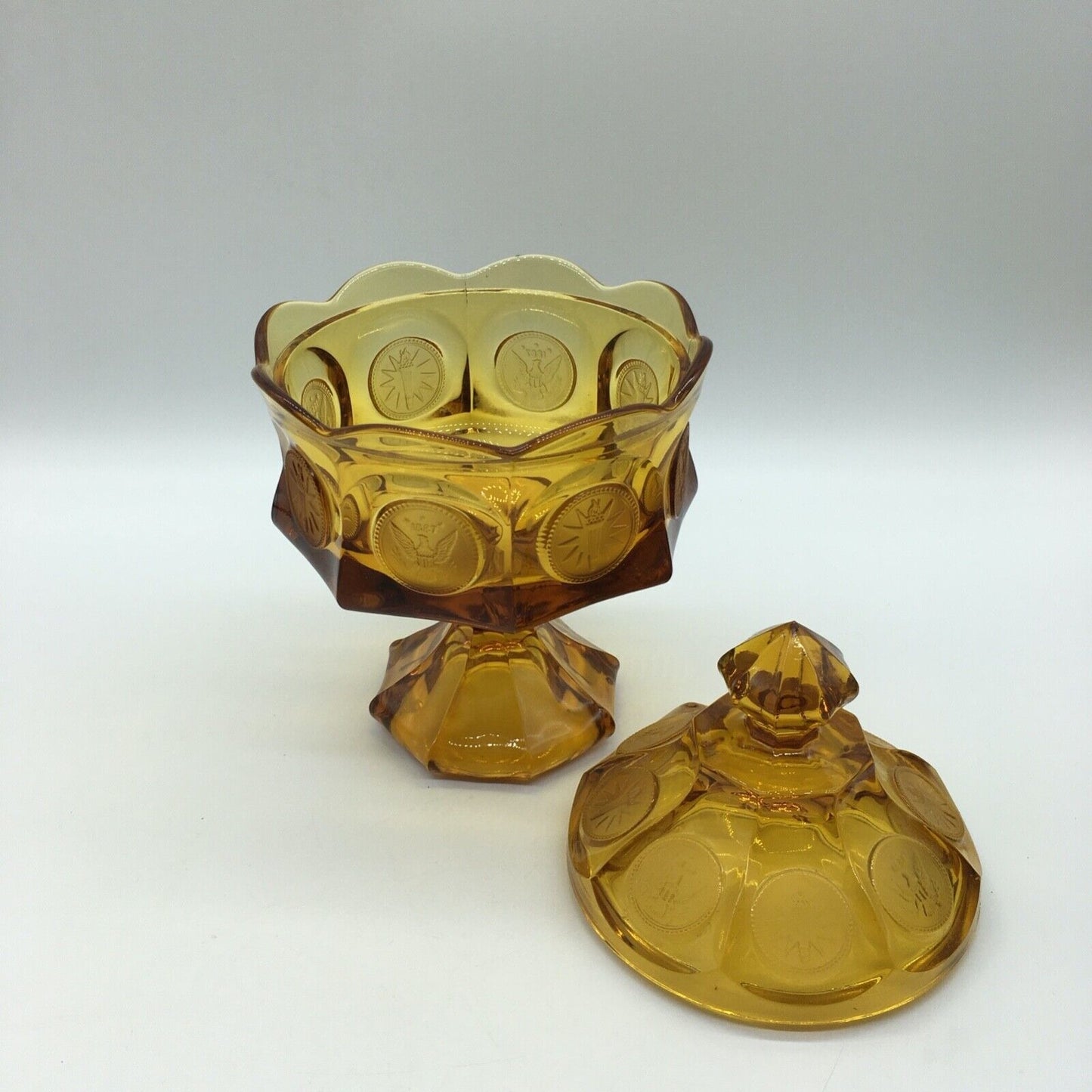Fostoria Coin Pedestal Candy Dish Lid Golden Honey Amber Vintage Eagle Torch