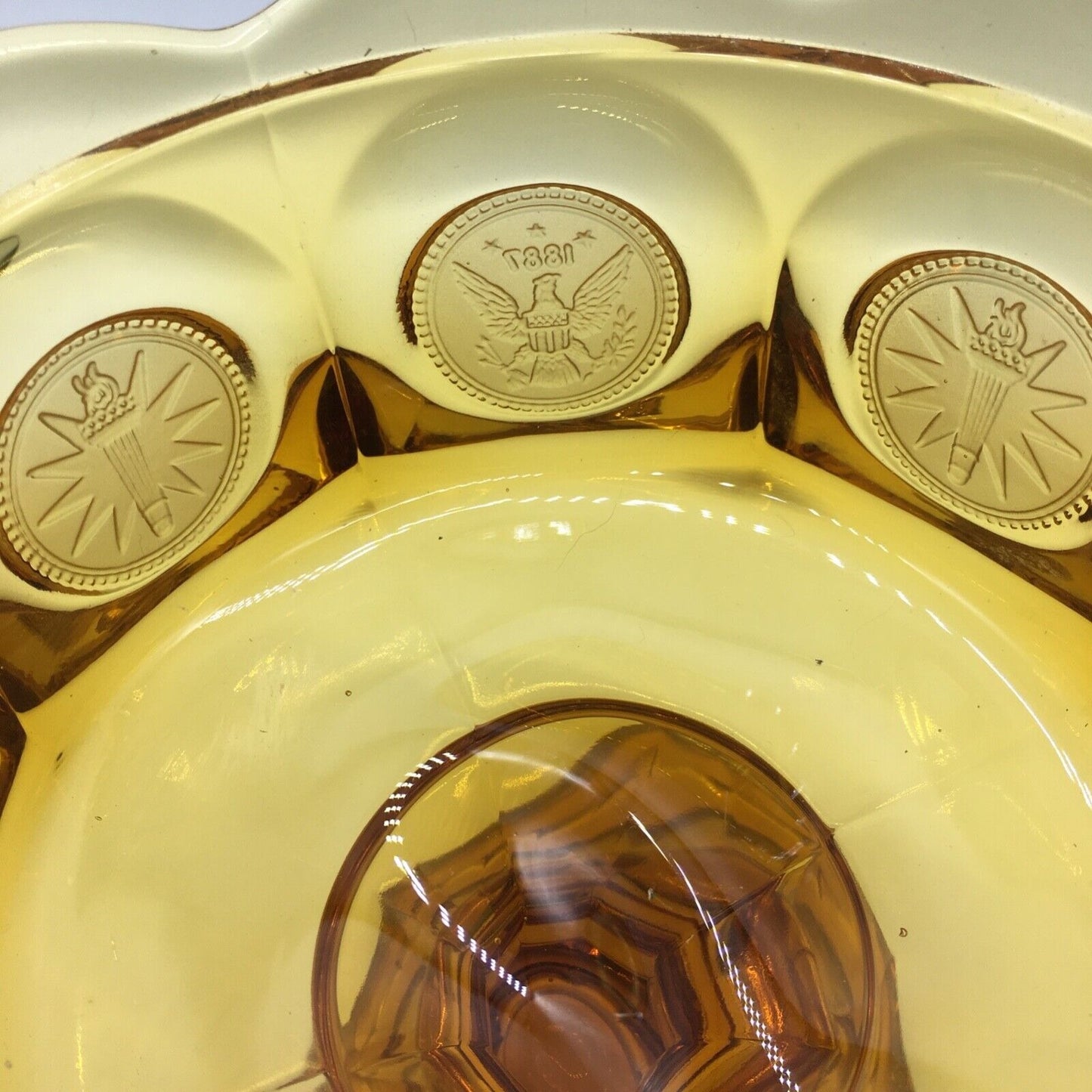 Fostoria Coin Pedestal Candy Dish Lid Golden Honey Amber Vintage Eagle Torch