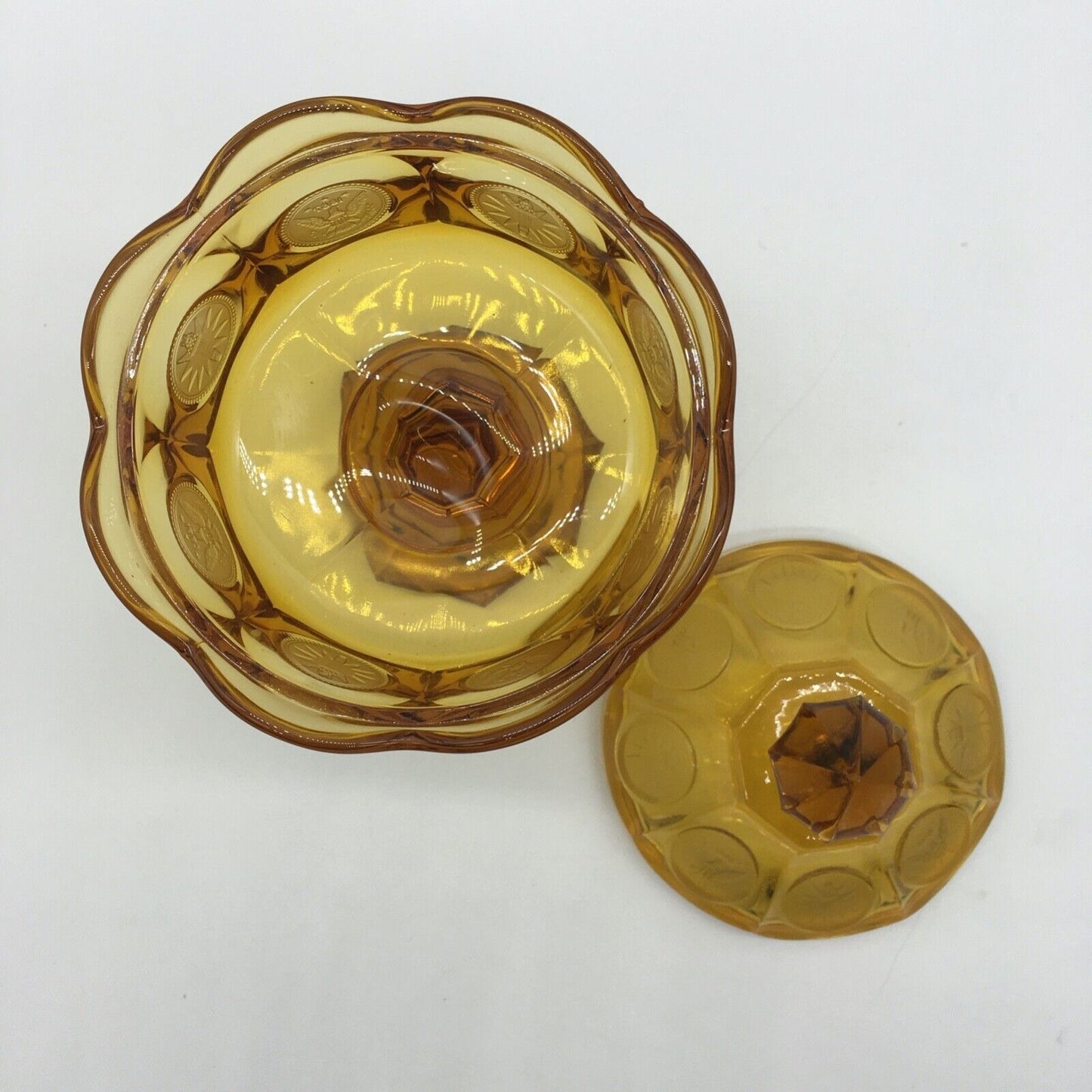 Fostoria Coin Pedestal Candy Dish Lid Golden Honey Amber Vintage Eagle Torch